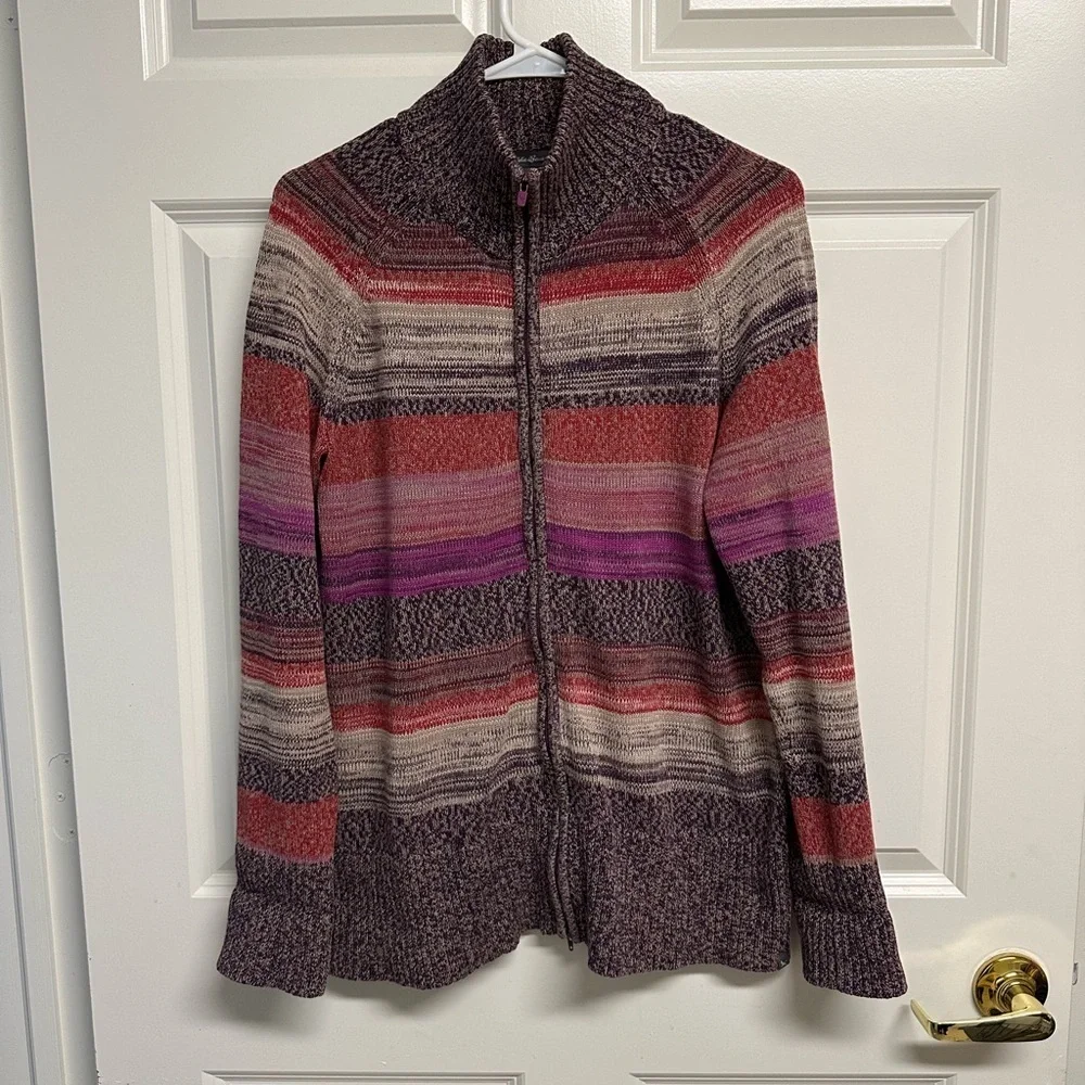 Eddie Bauer Knit Zip Pink and Purple Striped 100% Cotton Cardigan Sweater L